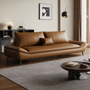 意式极简约焦糖色真皮帆船沙发客厅小户型三人位直排新款皮艺沙发