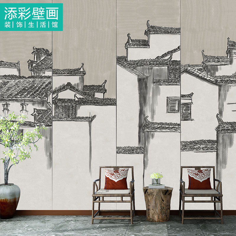 徽派建筑马头墙白墙青瓦酒店屋檐壁纸包厢房背景墙纸灰白定制壁画