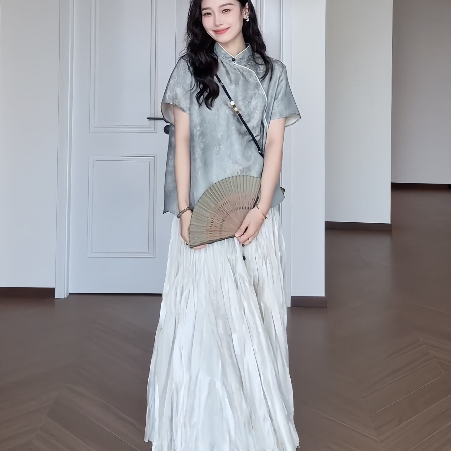 新中式套装减龄印花短袖上衣中长款压褶半身裙女夏百搭时尚两件套