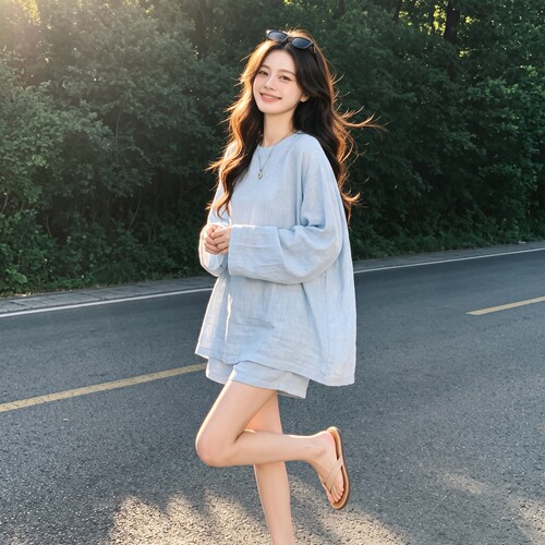 极简风浅蓝亚麻套装女春夏松弛感宽松圆领上衣休闲短裤时尚两件套