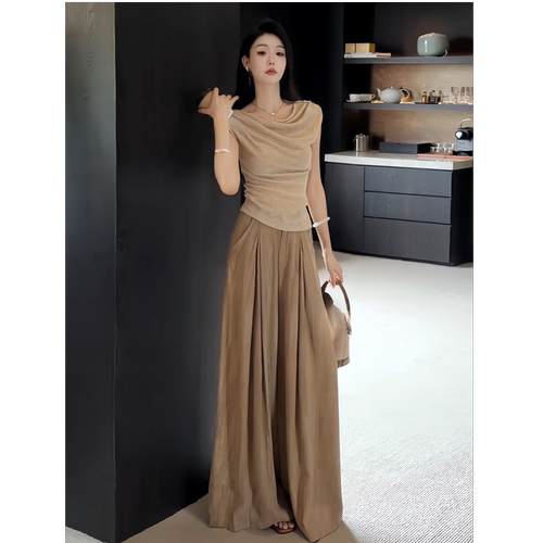 韩系运动休闲套装女夏季显瘦减龄时尚荡领短袖阔腿裤两件套洋气
