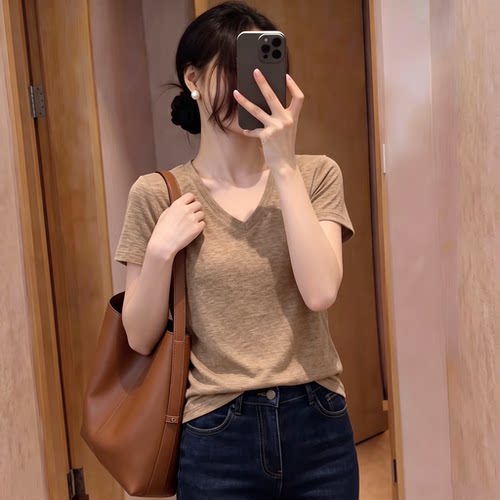 老钱风复古V领正肩短袖T恤女2026夏季新款宽松休闲百搭显瘦上衣