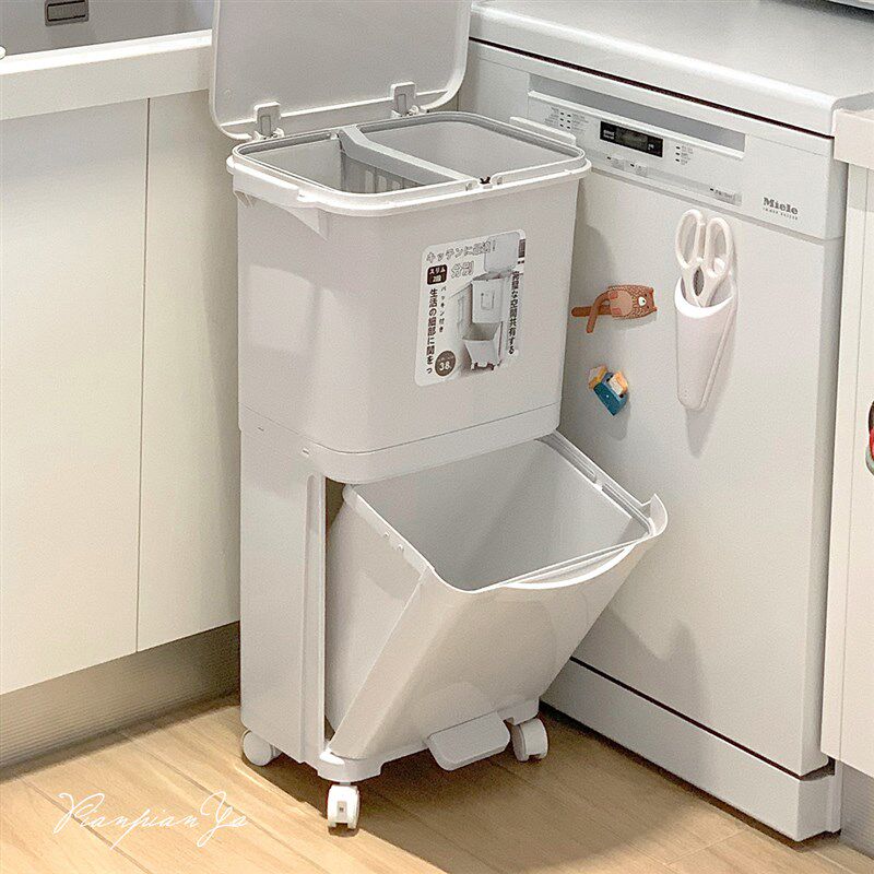 日式厨房分类厨余大容量垃圾桶  干湿分离带盖脚踏式厨余收纳