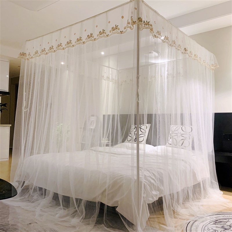 新款高级刺绣宫廷家用落地三开门蚊帐支架公主风床幔床帘幔纱双人