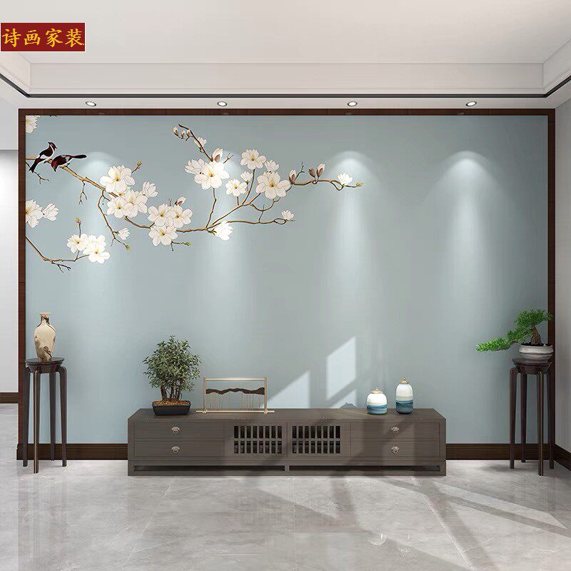 新中式花鸟电视背景墙布客厅影视墙沙发防水壁画床头装饰无缝墙纸