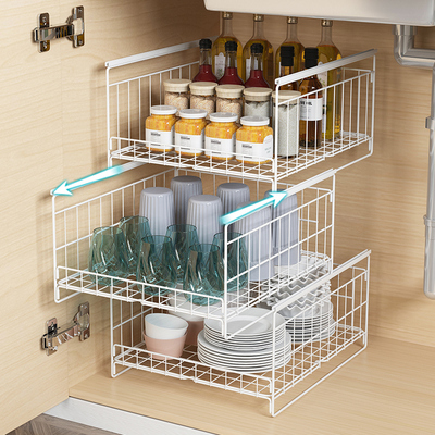 厨房拉篮橱柜碗篮碗盘抽屉式三双层铁艺调料抽屉抽拉改造内置篮子