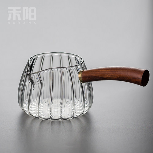 禾阳 耐高温玻璃公道杯加厚侧把公杯木把分茶器茶海家用倒茶匀杯