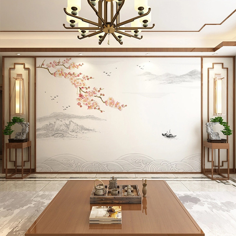 电视背景墙墙布新中式山水壁布新款花鸟沙发墙纸客厅简约古典壁画