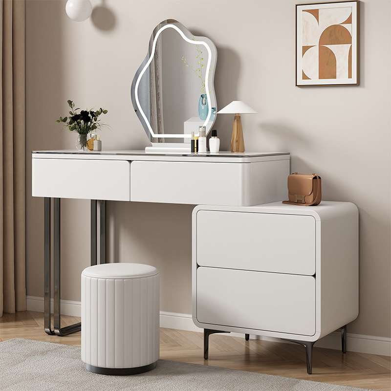 2023新款现代简约岩板奶油风梳妆台小户型家用卧室化妆桌书桌一体