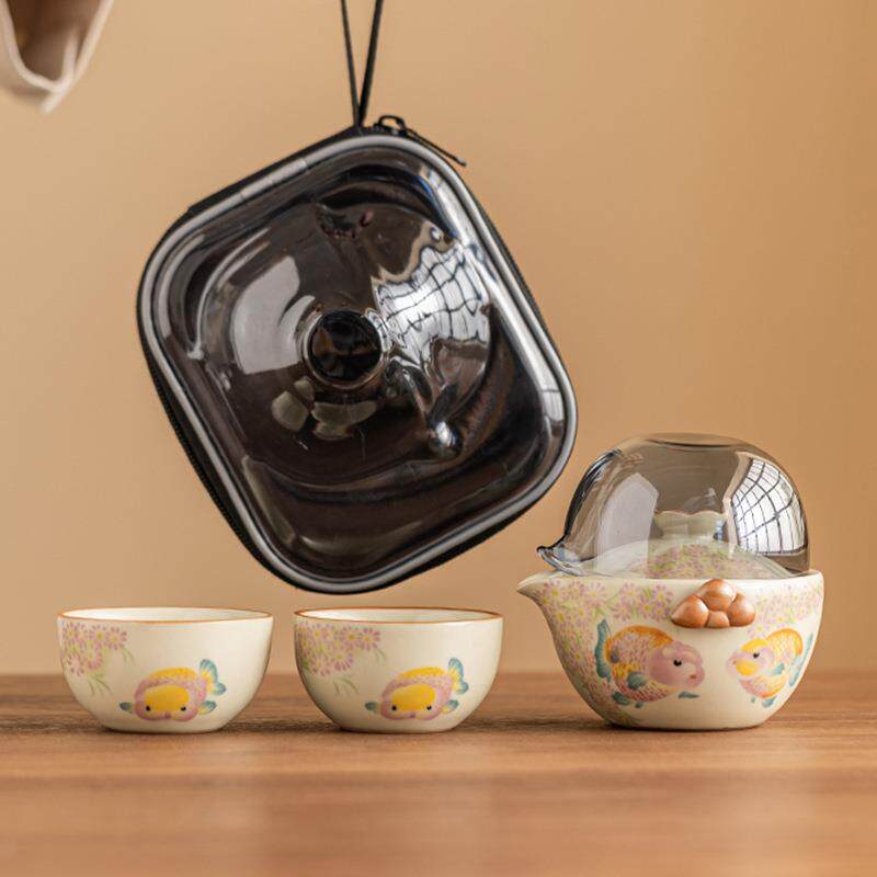 汝窑金鱼功夫泡茶壶开片可养户外便携式陶瓷一壶二杯旅行茶具套装