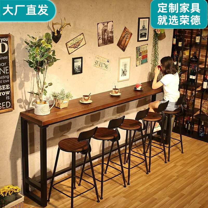 吧台桌简约家用现代酒吧靠墙桌椅组合高脚桌铁艺实木长条窄高桌子图片