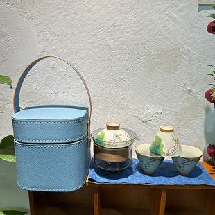 哥窑釉下手绘荷花斗笠杯旅行茶具茶杯便携小套装户外一壶三杯快客