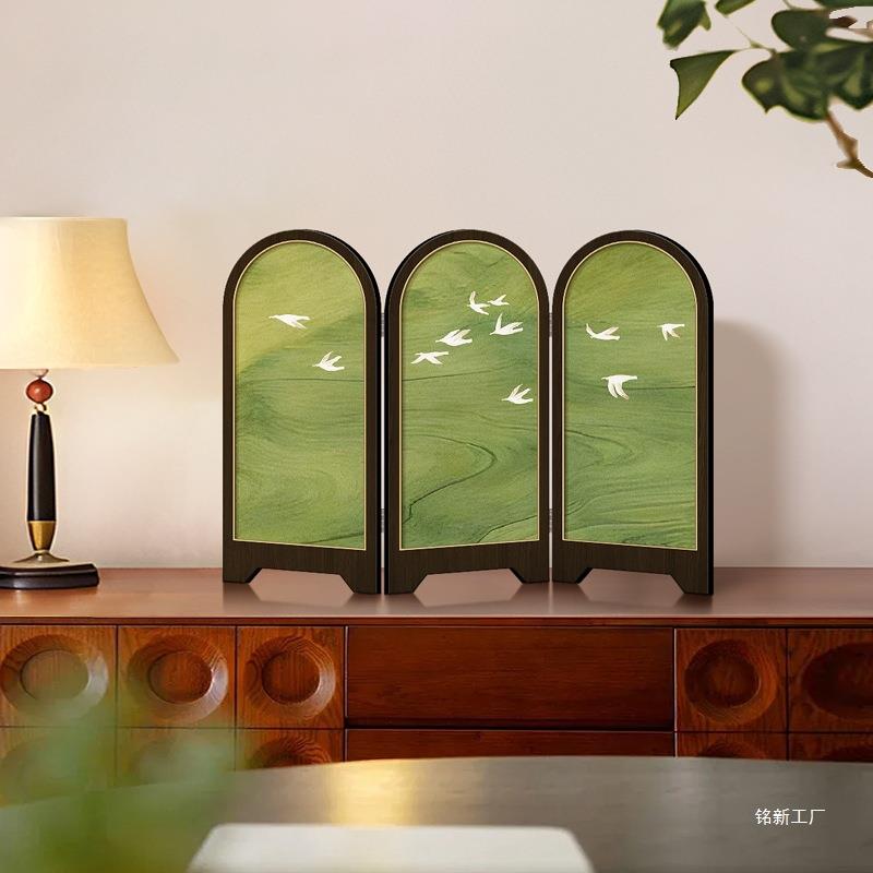 中古风桌面屏风摆件绿色飞燕客厅装饰画法式复古餐厅玄关边柜摆画