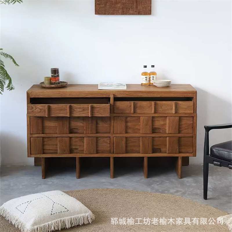 老榆木长方形餐边柜多格抽屉柜榆木收纳柜新中式卧室收纳柜子