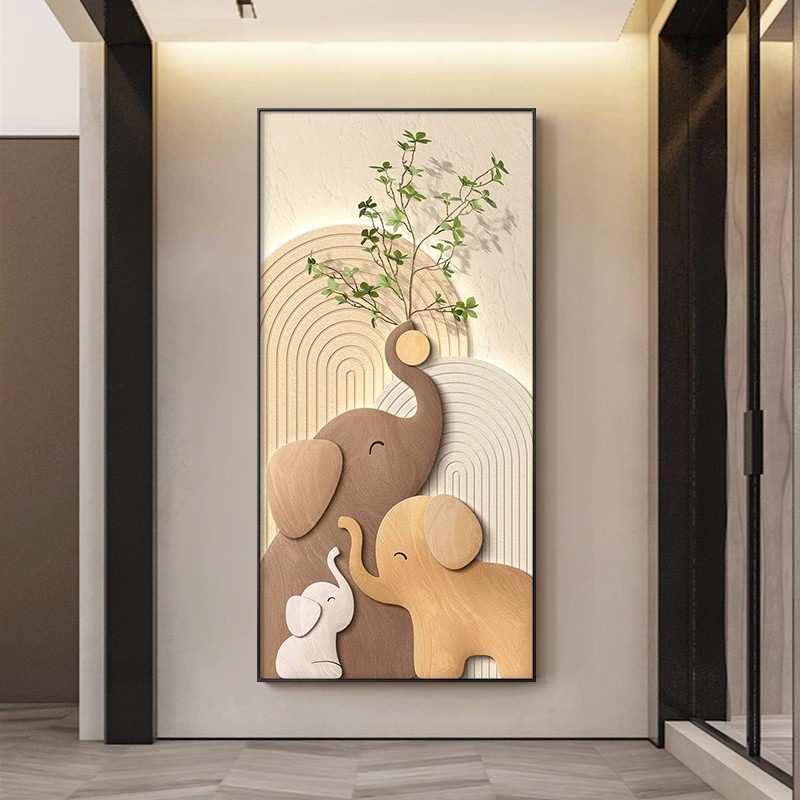 大象入户玄关装饰画新款过道进门正对门壁画竖版走廊尽头挂画