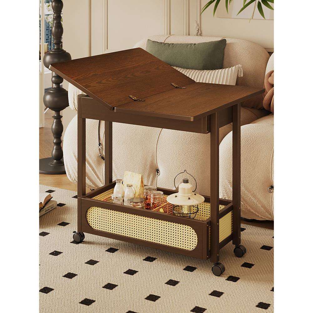 中古风客厅简易推车小型迷你可折叠茶几沙发旁边置物架子移动带轮