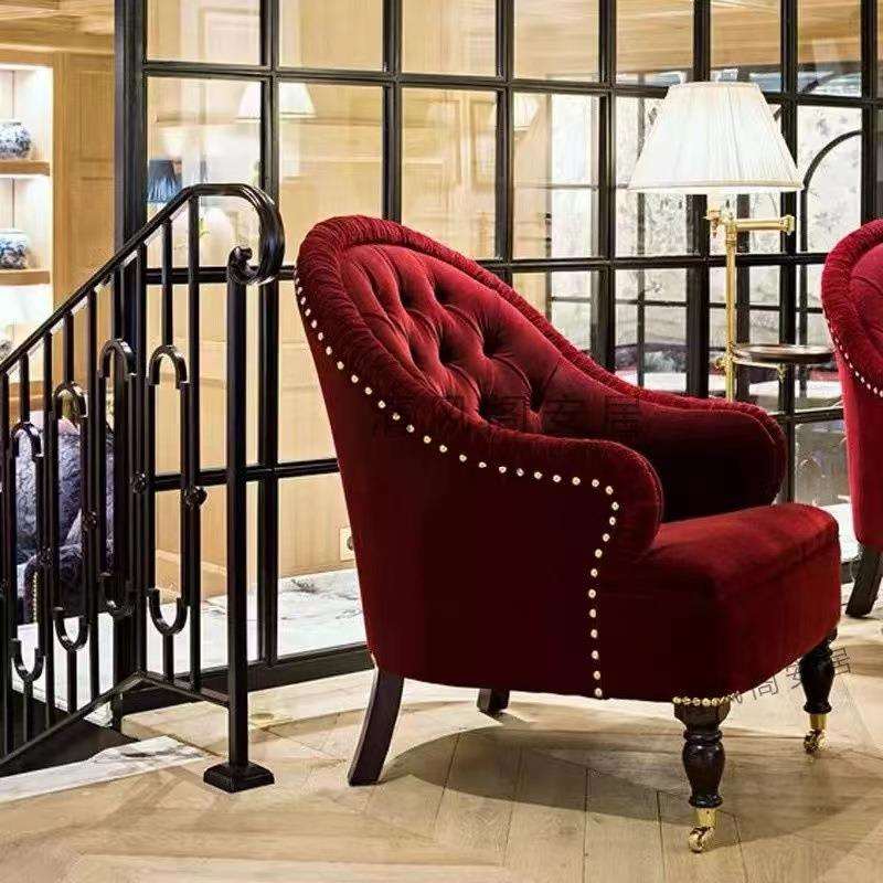 法式轻奢复古单人沙发椅褶皱海绵沙发高靠背老虎椅实木客厅扶手椅