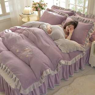 A类四件套女士冬季轻奢风刺绣花边双面绒被套加厚保暖