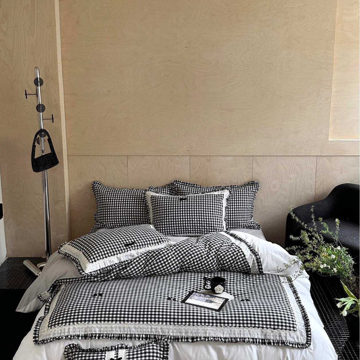 色织水洗棉纯棉四件套持续花边韩式全棉四件套条格黑白床上用品