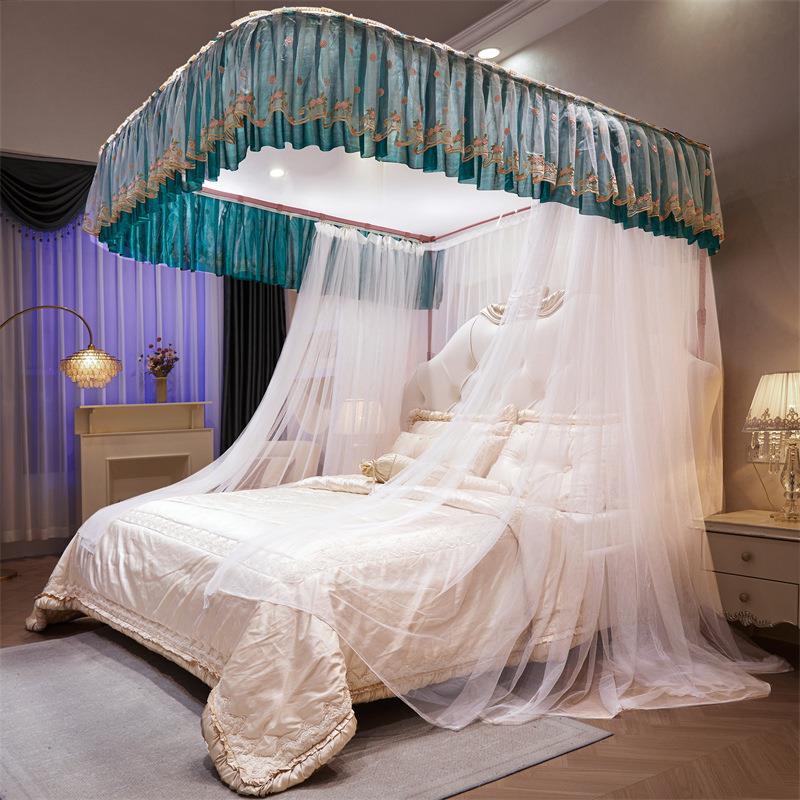 新品U型导轨蚊帐加粗不锈钢拉幕滑轮宫廷三开门防尘顶床幔帘子