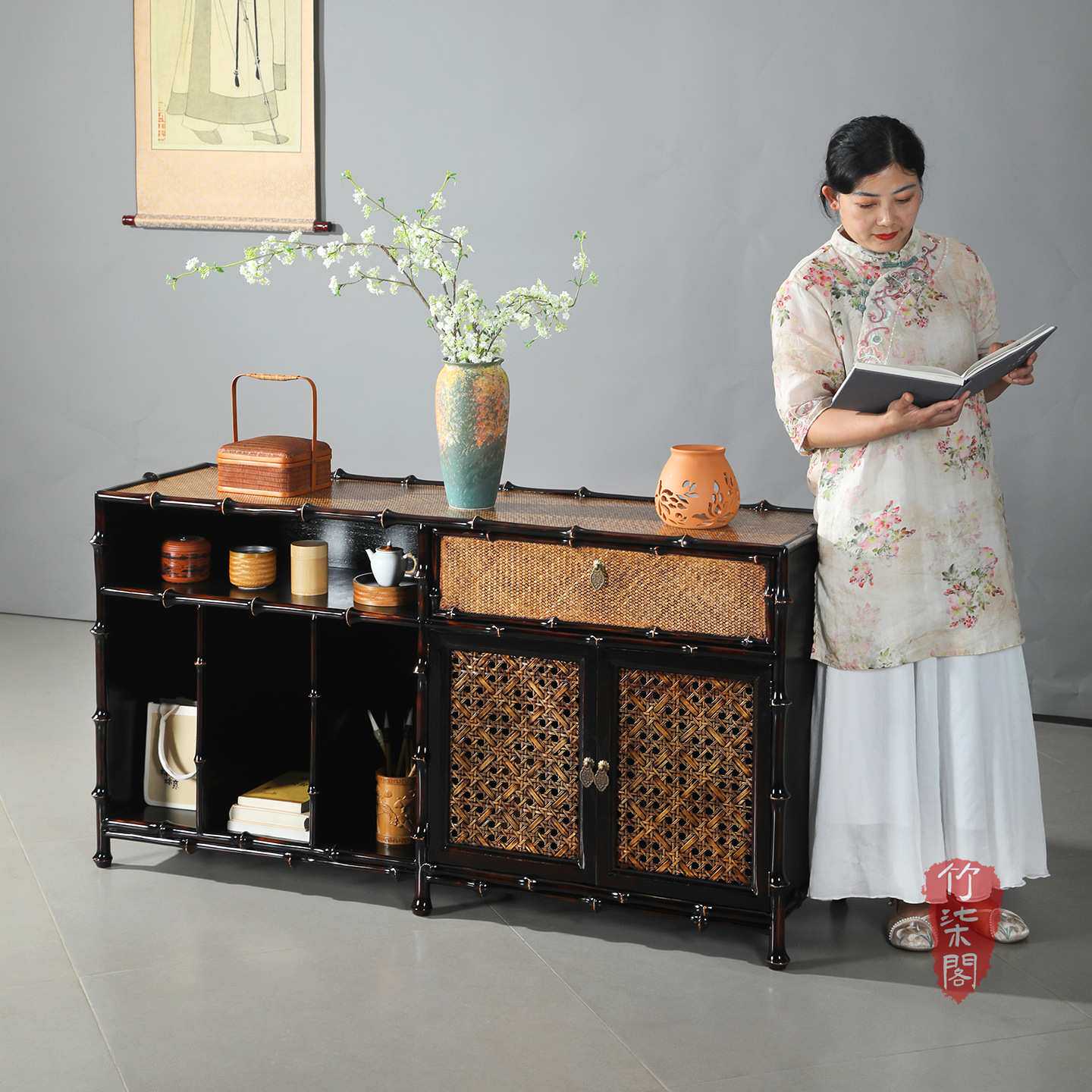 大漆筇竹收纳柜储物柜中式茶柜竹编茶边柜博古架置物架矮柜玄关柜