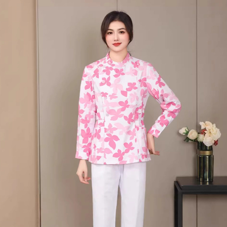 碎花护士服短袖夏装偏襟立领分体