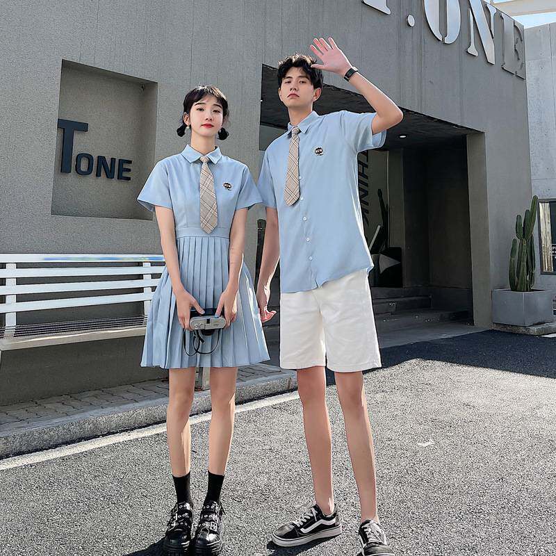 夏季新款制服连衣百褶裙配男式