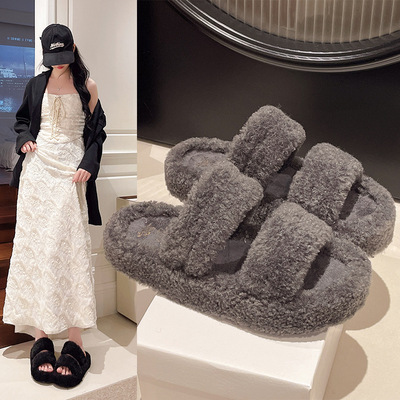 毛毛拖鞋女外穿2025新款秋冬季厚底一字卷毛绒棉拖时尚懒人毛毛鞋