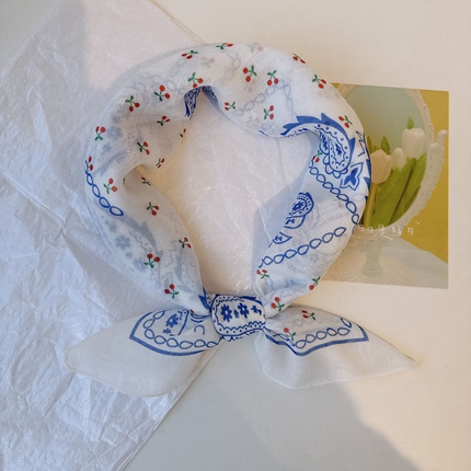 2025新款披肩腰果花樱桃印花薄款方巾女58x58棉麻透气领巾头巾