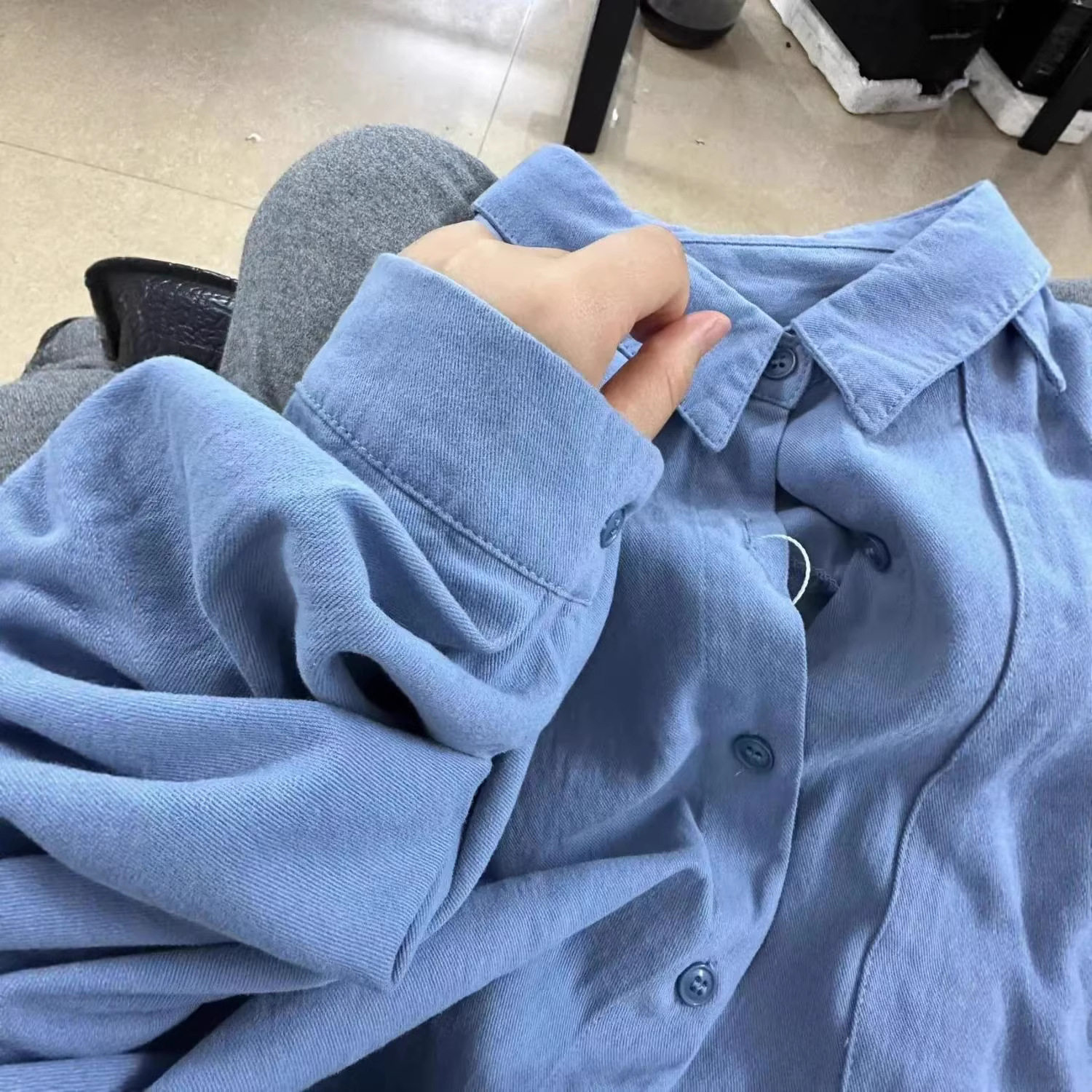 100%棉蓝色纯棉衬衫女小清新宽松百搭显瘦通勤长袖衬衣外套上衣春