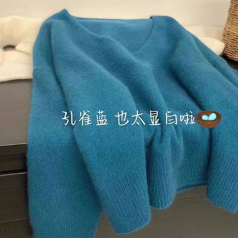 蓝色v领毛衣针织衫女秋冬外穿宽毛针织衫