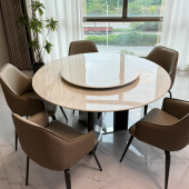 加澄天然爵士白奢石带转盘圆形餐桌现代简约高端大理石极简圆餐桌