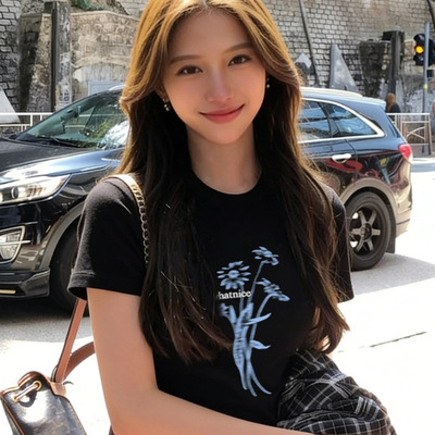 黑色圆领正肩短袖T恤女夏