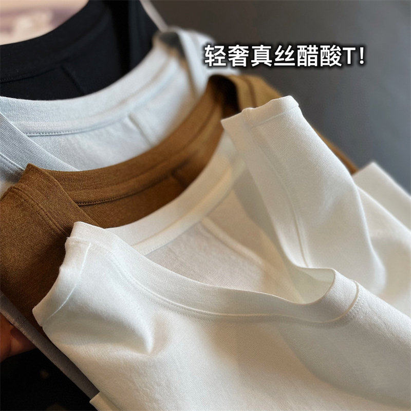 高端牛货 真丝醋酸进口线立体剪裁圆领正肩纯色短袖女T恤2025春夏