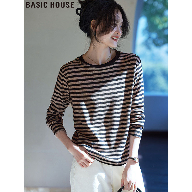 Basic House/百家好条纹长袖T恤女装2026春季宽松圆领内搭打底衫