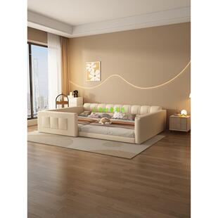 奶油风泡芙床二胎亲子大床一家四口皮艺防摔护栏拼接榻榻米组合床