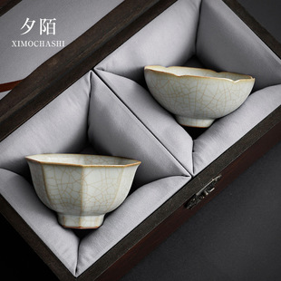 高档汝窑情侣对杯粉青汝瓷开片养线茶杯男女士个人专用主人杯茶盏