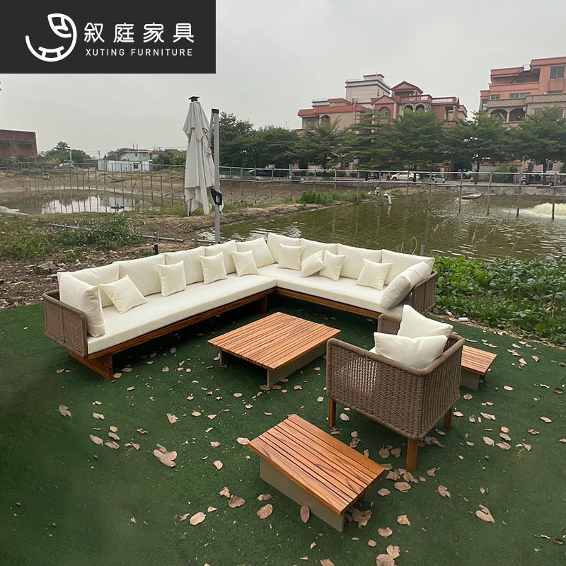 户外北欧休闲沙发椅室内外庭院花园露台绳编防水防晒实木沙发组合