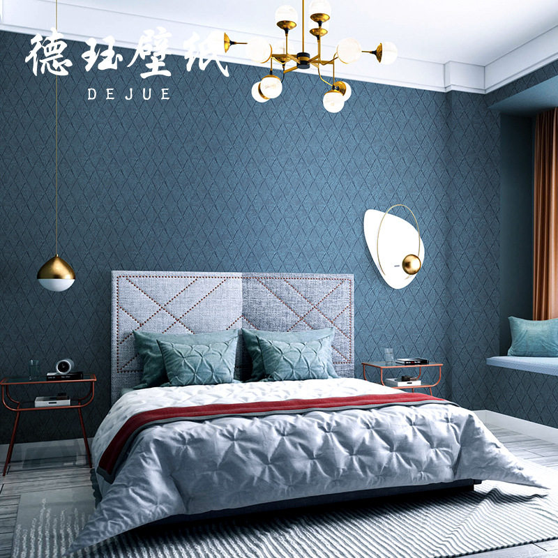 北欧蓝灰菱格硅藻泥背景墙纸