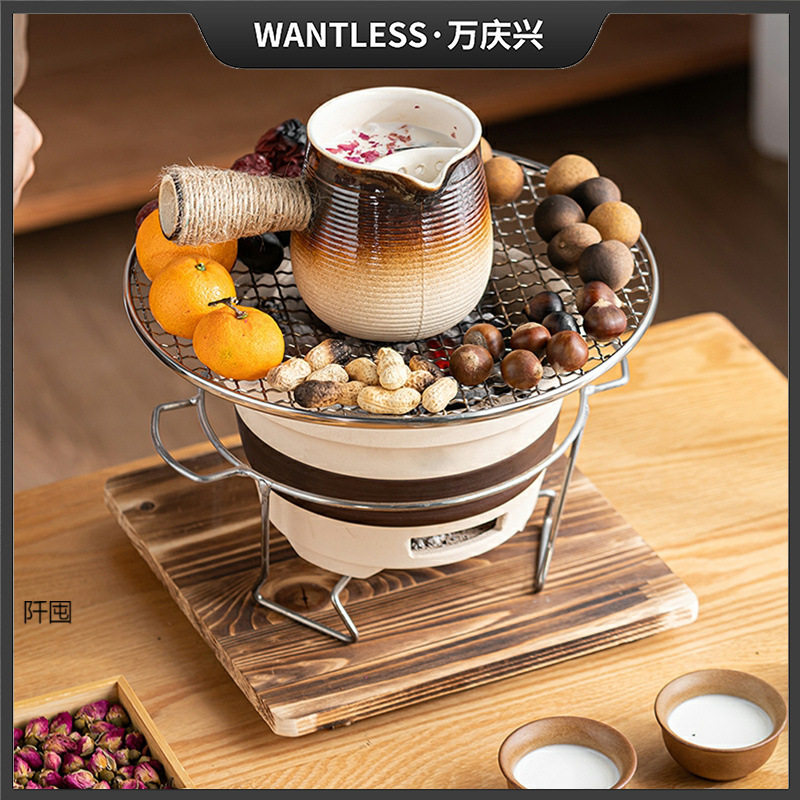 老式木炭围炉煮茶套装红泥家用烧烤炉风炉茶炉耐火陶土炭炉