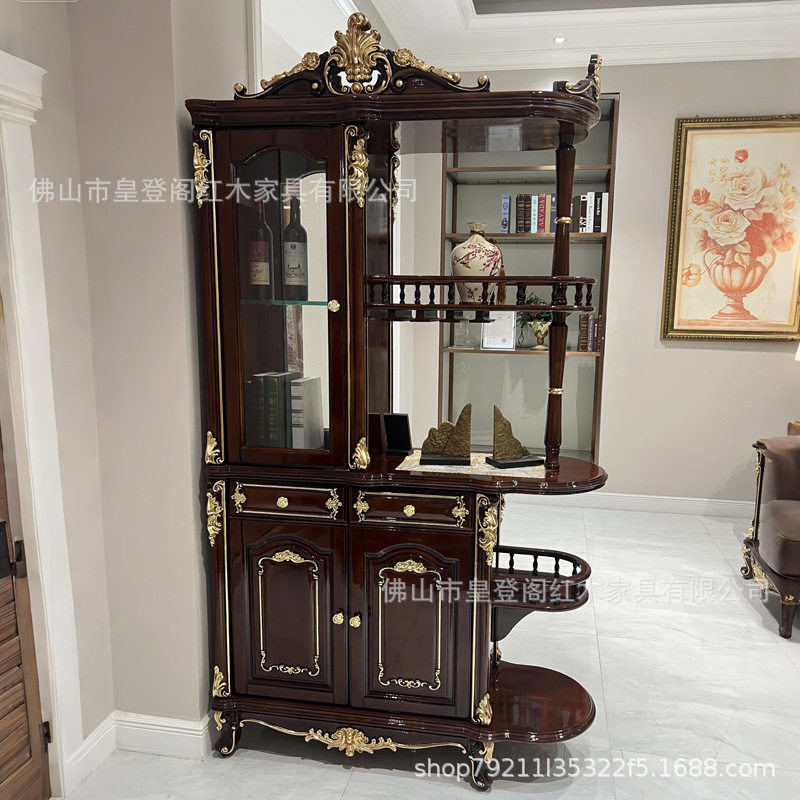 欧式实木雕花间厅柜酒柜酸枝色贴金箔家用别墅自建房客厅隔断储物