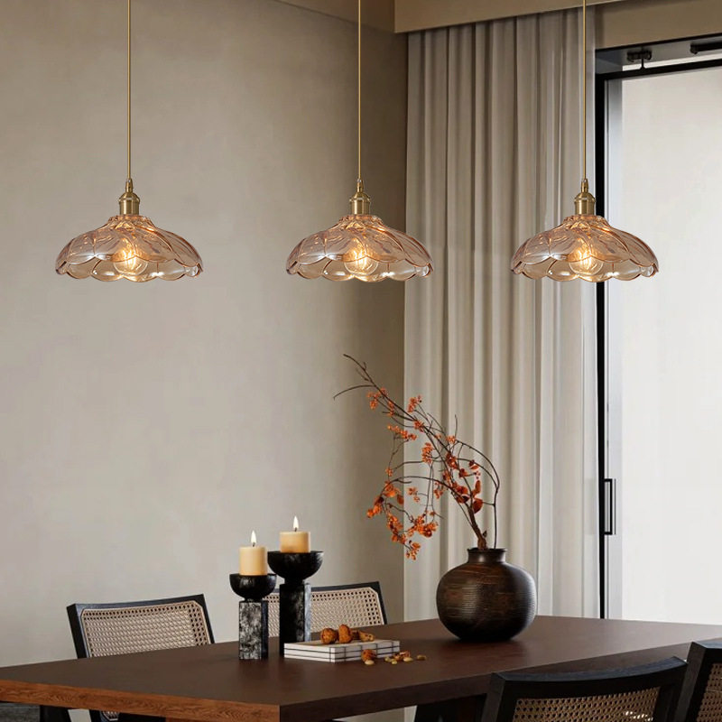 北欧复古花朵玻璃灯具创意个性餐厅灯吧台床头民宿店铺胡桃木吊灯