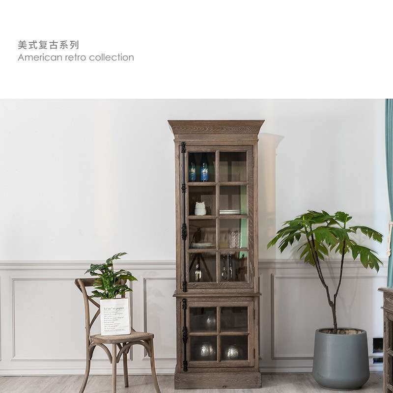 北美乡村复古白橡实木天地锁上下酒柜客厅做旧展示柜储藏柜书柜