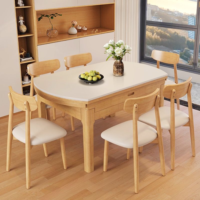 岩板餐桌椅组合家用小户型可变圆桌中古风现代实木伸缩电磁炉饭桌