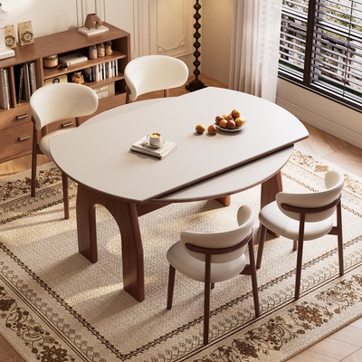 中古风实木岩板餐桌可变圆桌