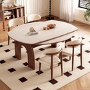 中古风实木岩板餐桌家用小户型可变圆桌复古凯旋门伸缩电磁炉饭桌