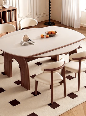 中古风实木岩板餐桌家用小户型可变圆桌复古凯旋门伸缩电磁炉饭桌