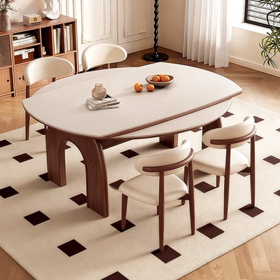 中古风实木岩板餐桌可变圆桌