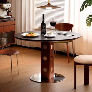 中古风伯格圆桌复古金属腿小户型饭桌包豪斯实木家用岩板伸缩餐桌