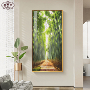 一路升正对大门玄关画手绘油x画装 饰画走廊尽头挂画竹子风景壁画
